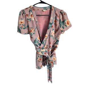 red + olive Floral Wrap Blouse Top Mauve Pink Teal Piping Puff Sleeve Large L